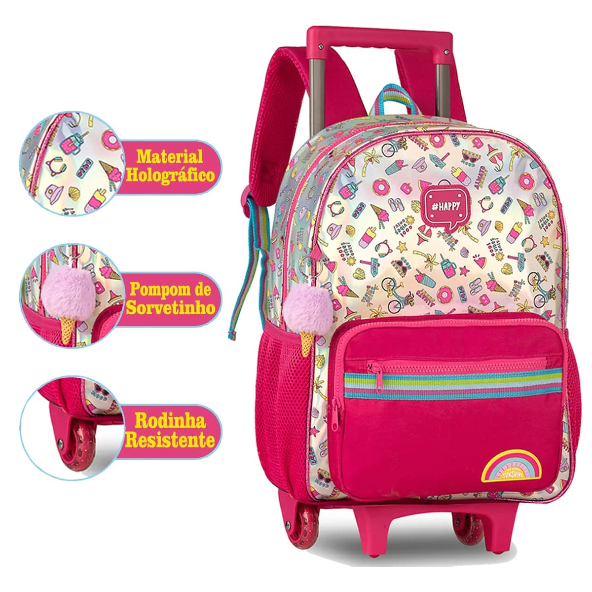Kit Mochila Carrinho Holográfica Escolar Meninas Clio 2025