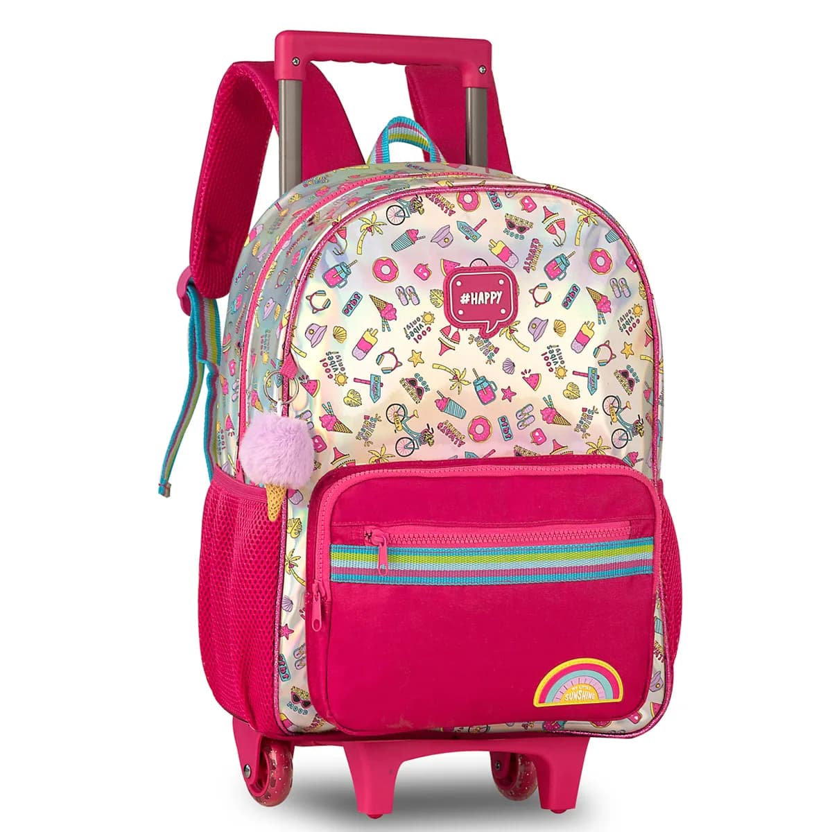 Kit Mochila Carrinho Holográfica Escolar Meninas Clio 2025