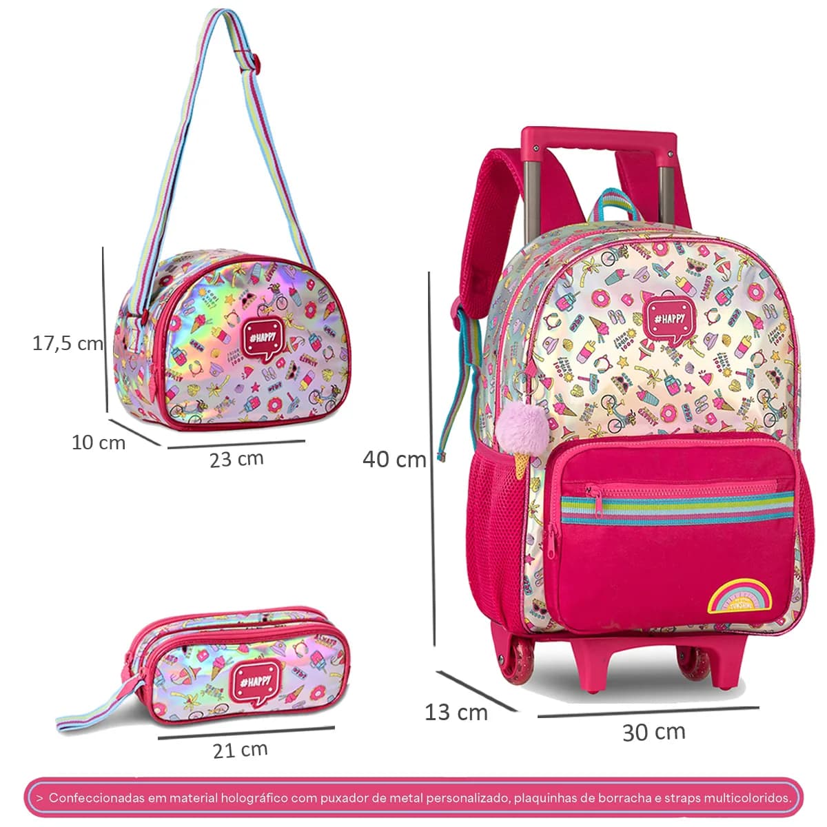 Kit Mochila Carrinho Holográfica Escolar Meninas Clio 2025