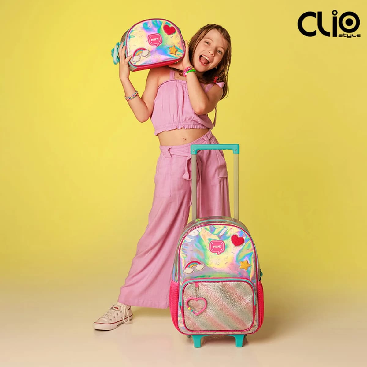 Kit Mochila Carrinho Escolar Holografica Infantil Fofa Clio