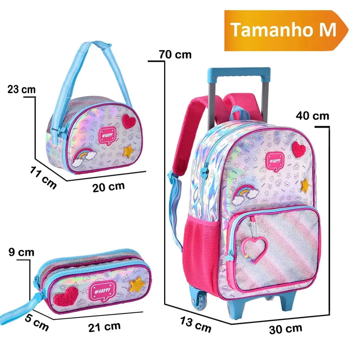 Kit Mochila Carrinho Escolar Holografica Infantil Fofa Clio