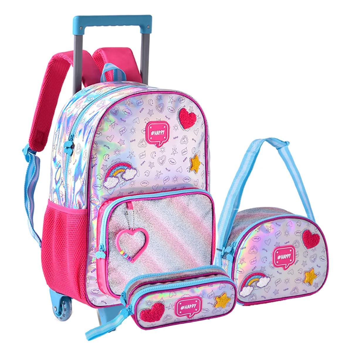 Kit Mochila Carrinho Escolar Holografica Infantil Fofa Clio