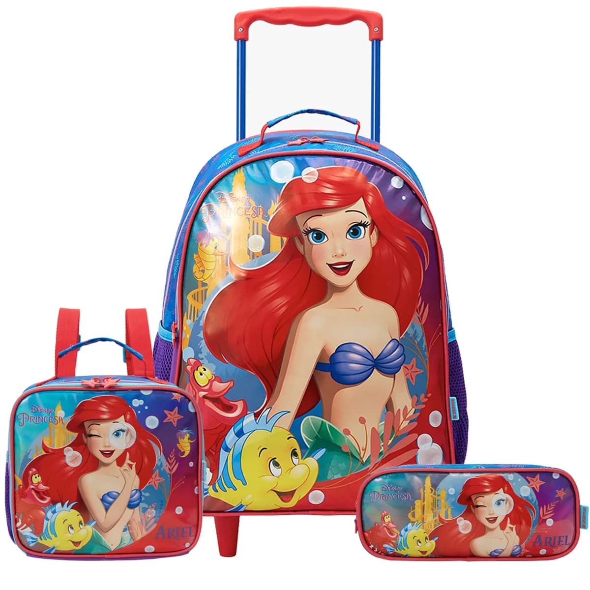 Kit Mochila Princesa Ariel Sereia Disney Lancheira Estojo
