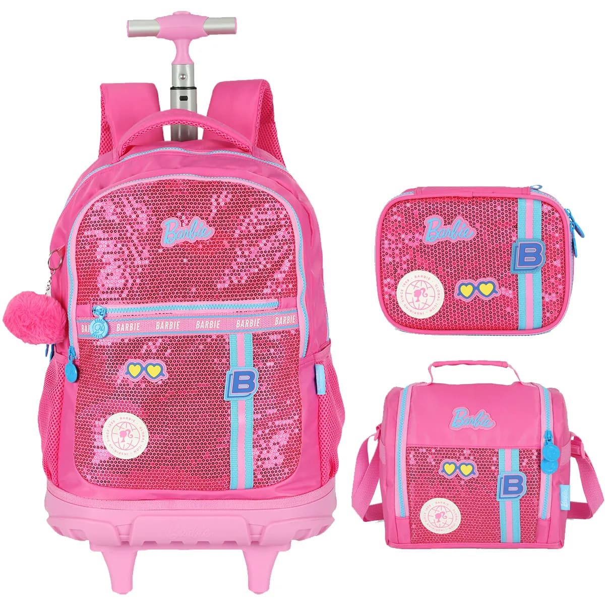 Kit Mochila Escolar Juvenil Carrinho Barbie Brilhosa Paete