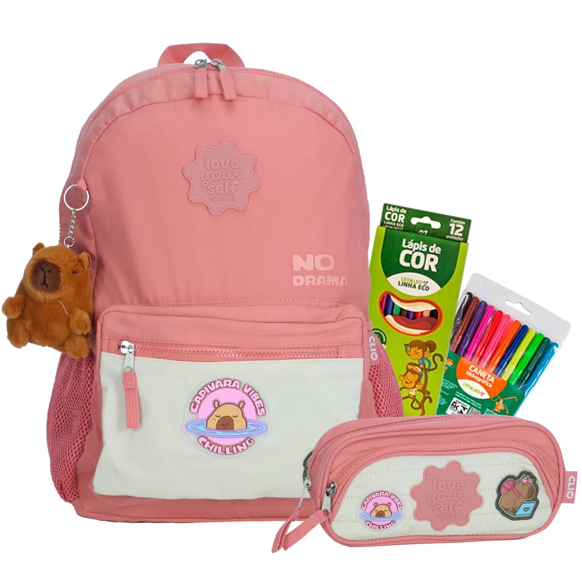 Kit Mochila Costas Estojo Escolar Juvenil Meninas Capivara