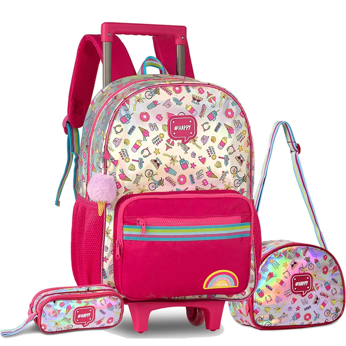 Kit Mochila Carrinho Holográfica Escolar Meninas Clio 2025