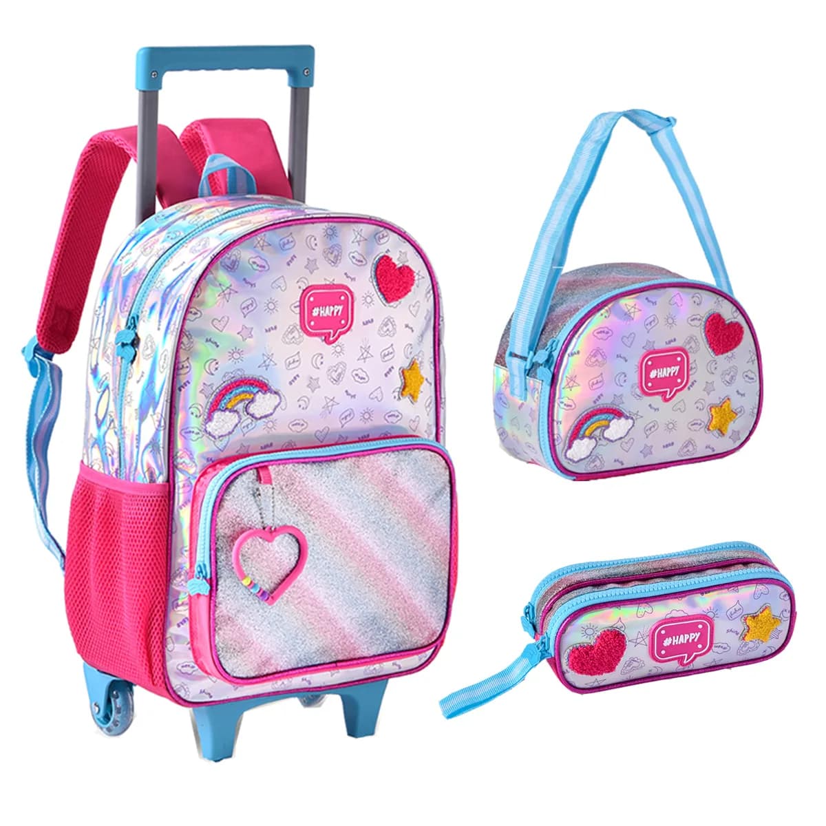 Kit Mochila Carrinho Escolar Holografica Infantil Fofa Clio