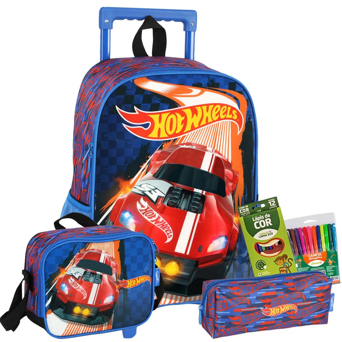 Kit Mochila Rodinha Hot Wheels Estojo + Lancheira Infantil