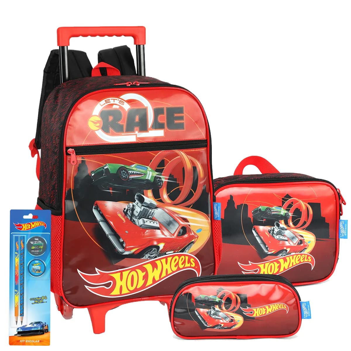 Kit Mochila Rodinha Hot Wheels Estojo + Lancheira Infantil