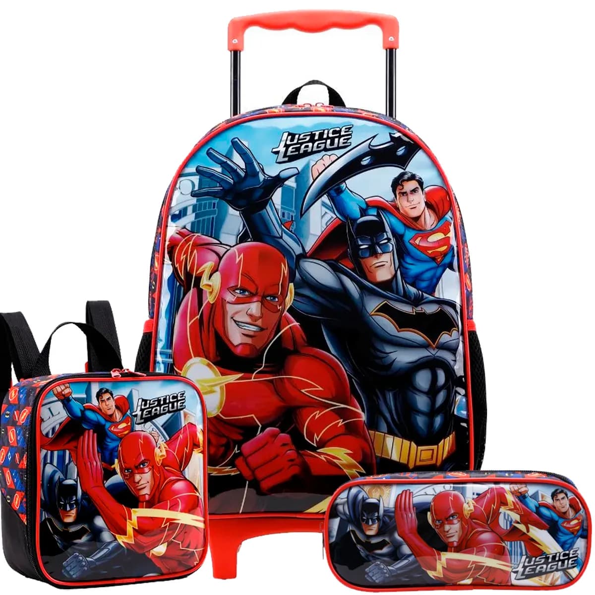 Kit Completo Mochila de Rodinhas Liga da Justiça DC Original