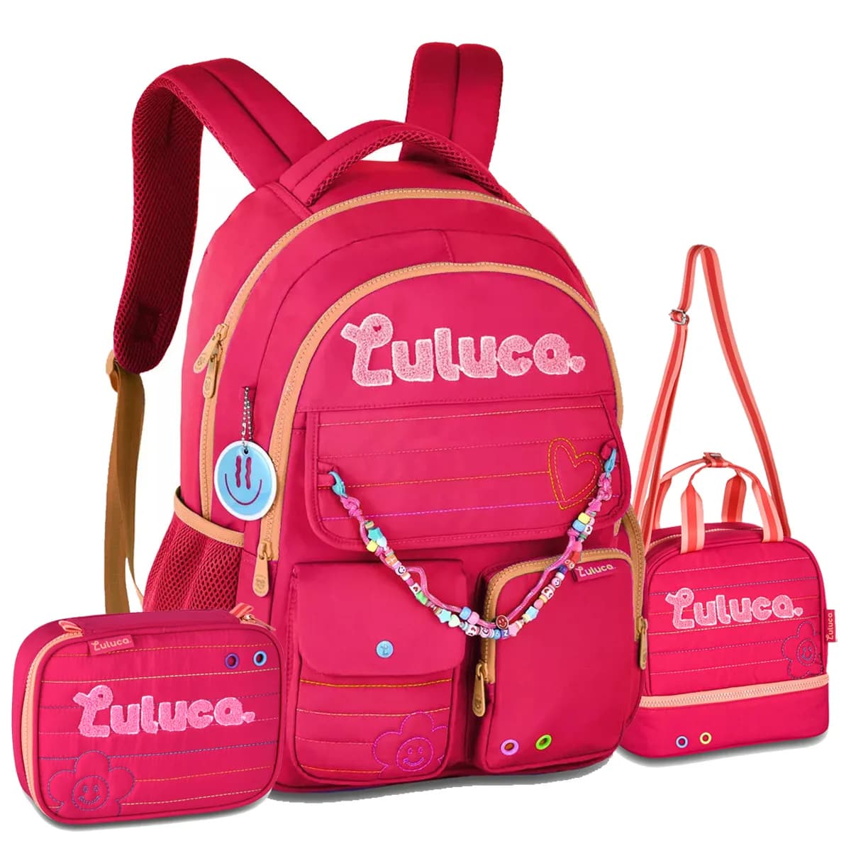 Kit Mochila Costas Escolar Luluca Feminina Juvenil Miçangas