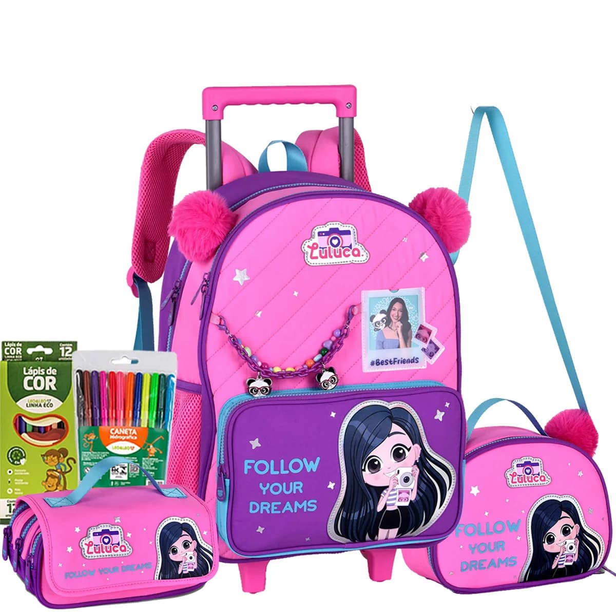 Kit mochila escola carrinho infantil Luluca+lancheira+estojo
