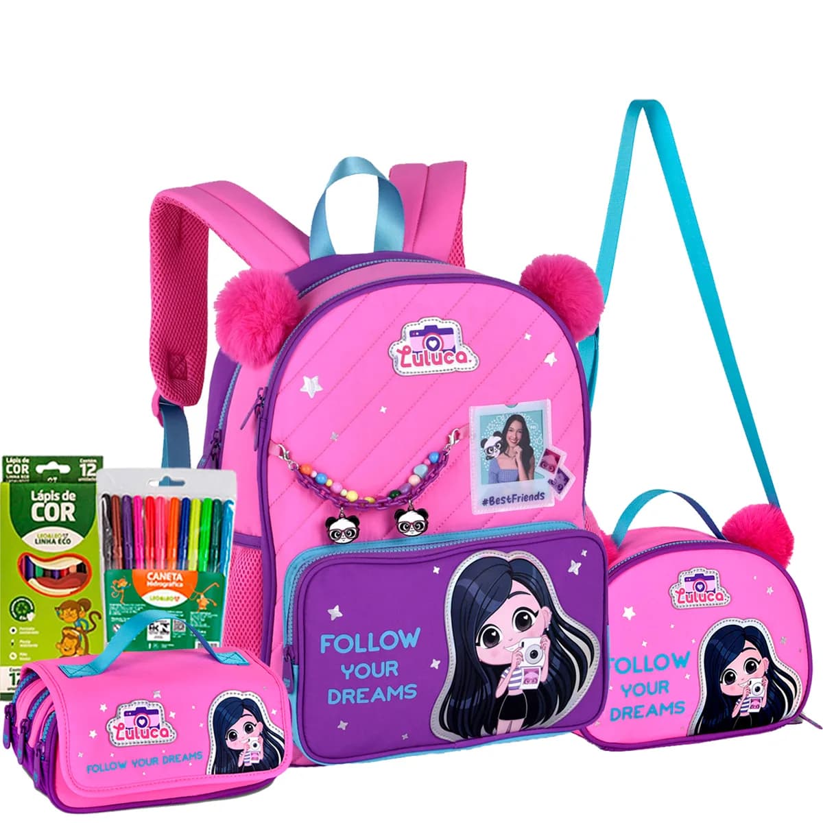 Kit mochila escola infantil Luluca com lancheira estojo Clio