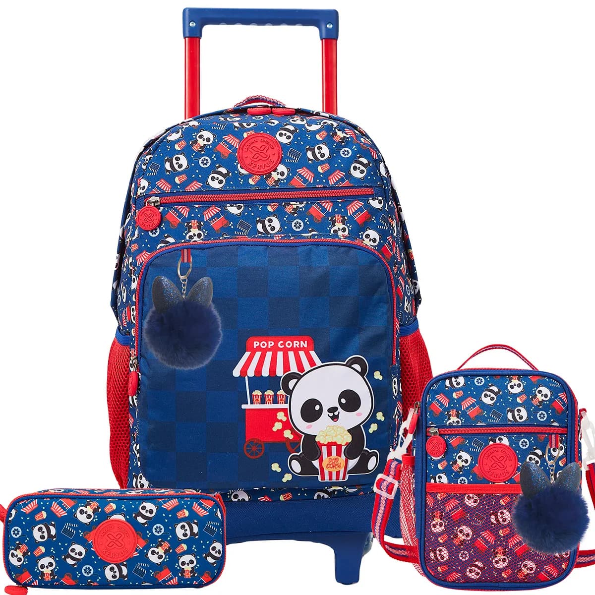 Kit Mochila Escolar Infantil Rodinhas Panda Lancheira Estojo