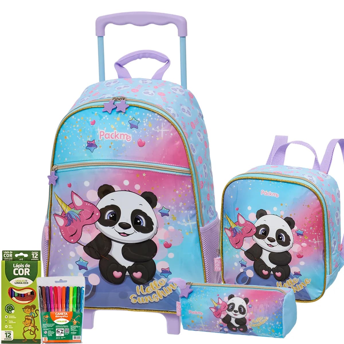 Kit Mochila de Rodinhas com Lancheira Estojo Panda Original