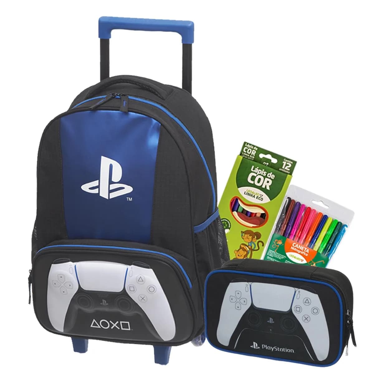 Kit Mochila Escolar Infantil Rodinhas Playstation Estojo