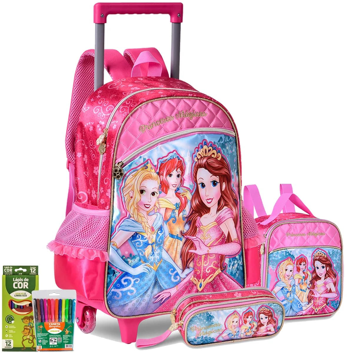 Kit Mochila Rodinhas Escolar Princesas Fofa Brilho Meninas