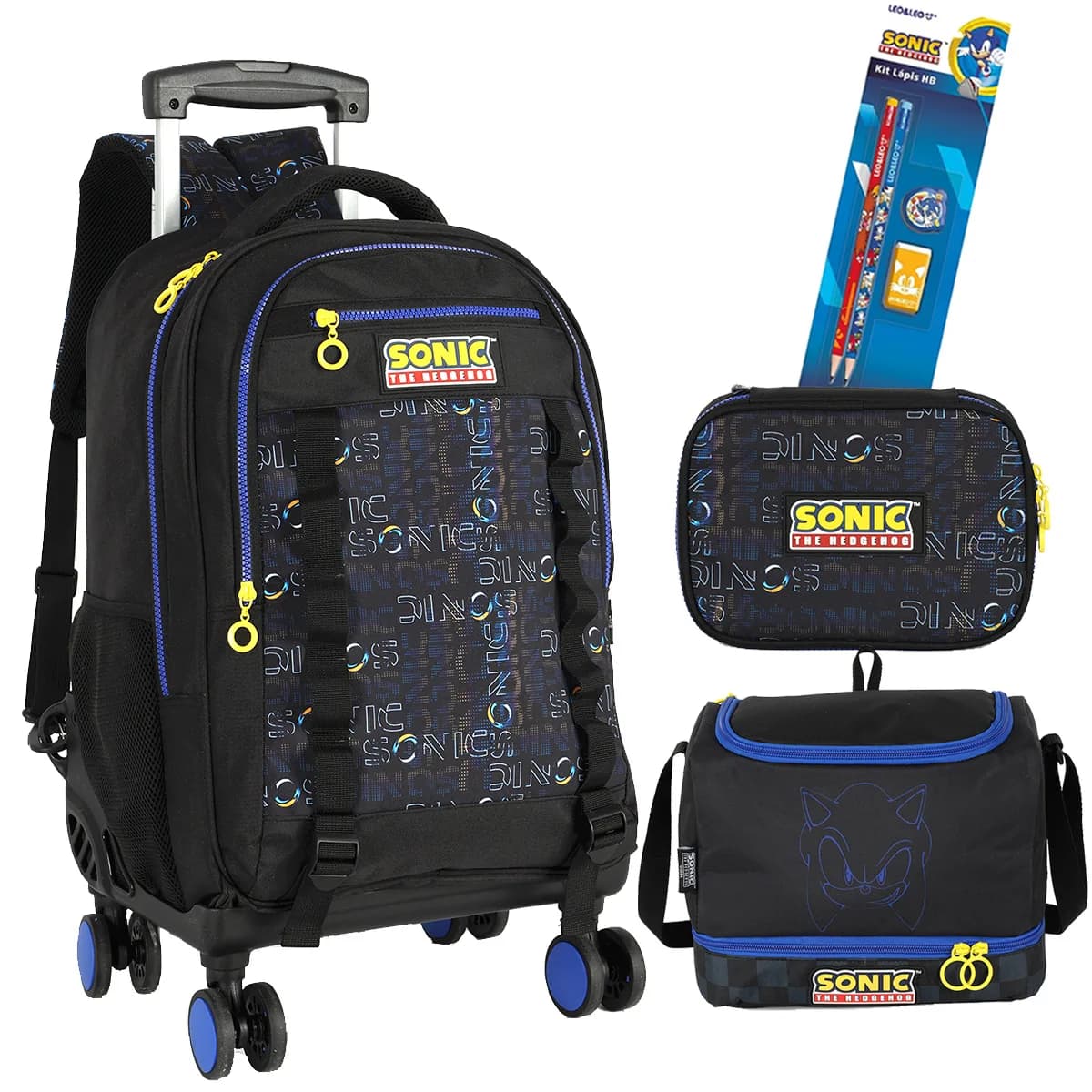 Kit Completo Mochila Carrinho 360 Sonic Resistente Meninos