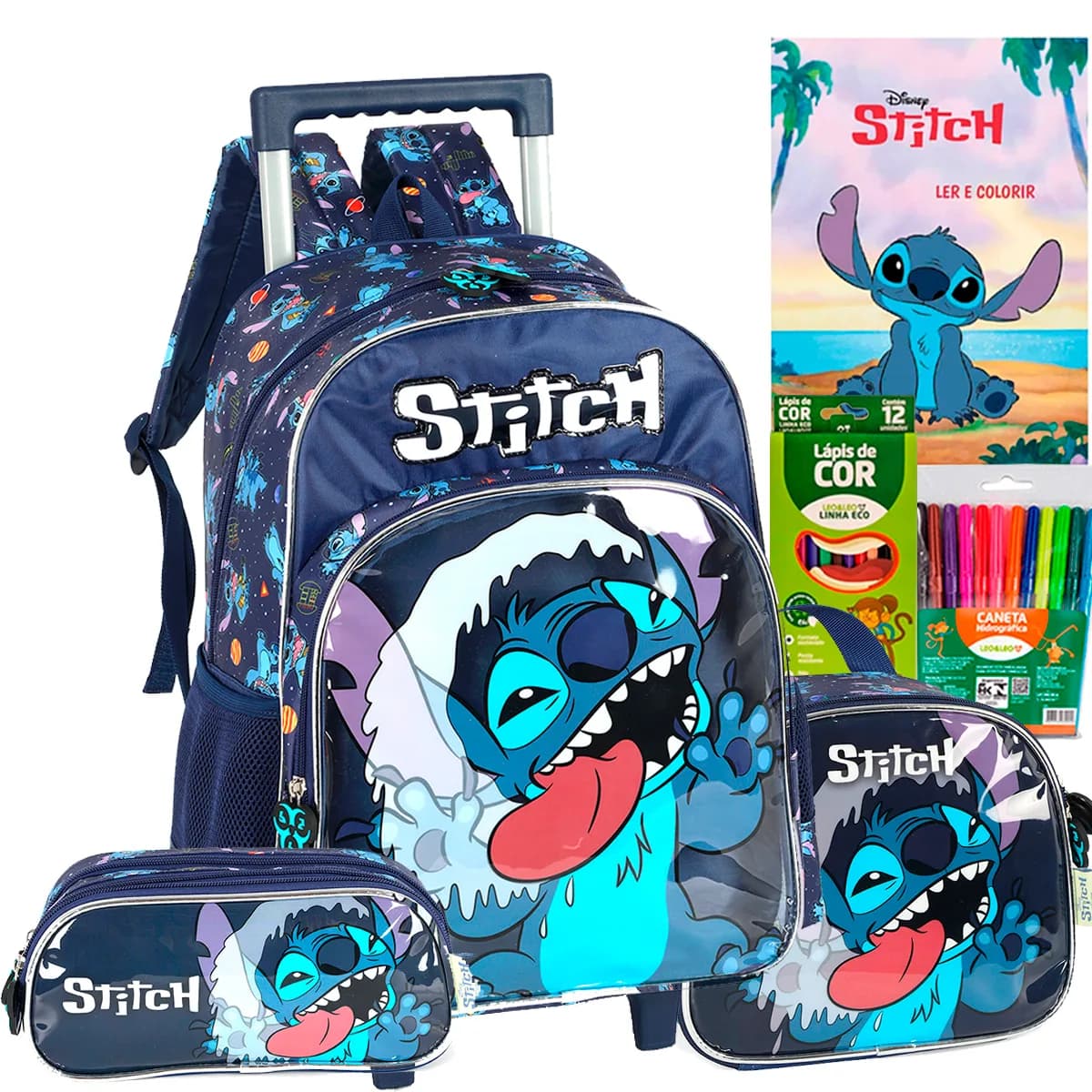 Kit mochila carrinho Stitch lancheira estojo meninos Luxcel azul