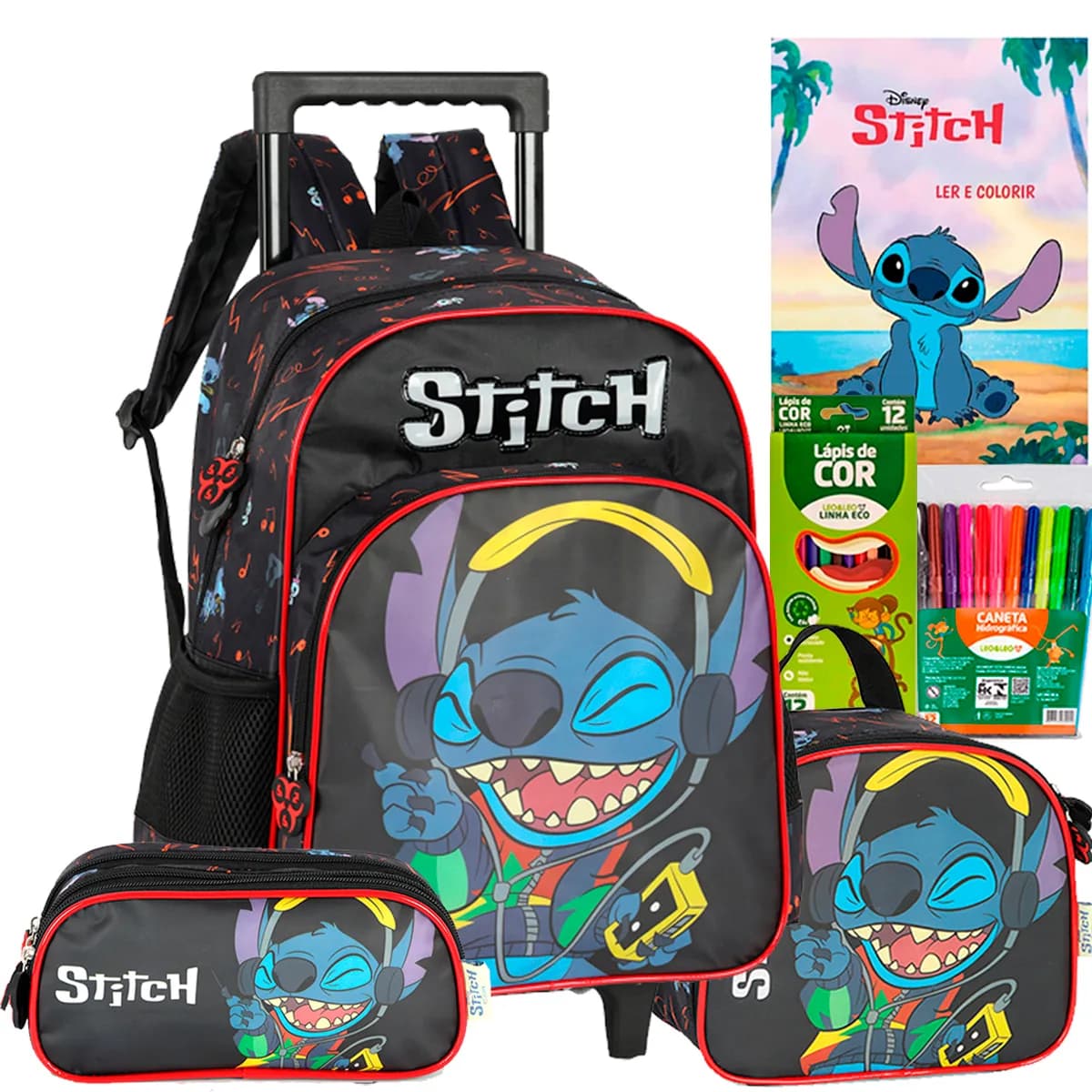 Kit Mochila Carrinho Stitch Lancheira Estojo Meninos Luxcel