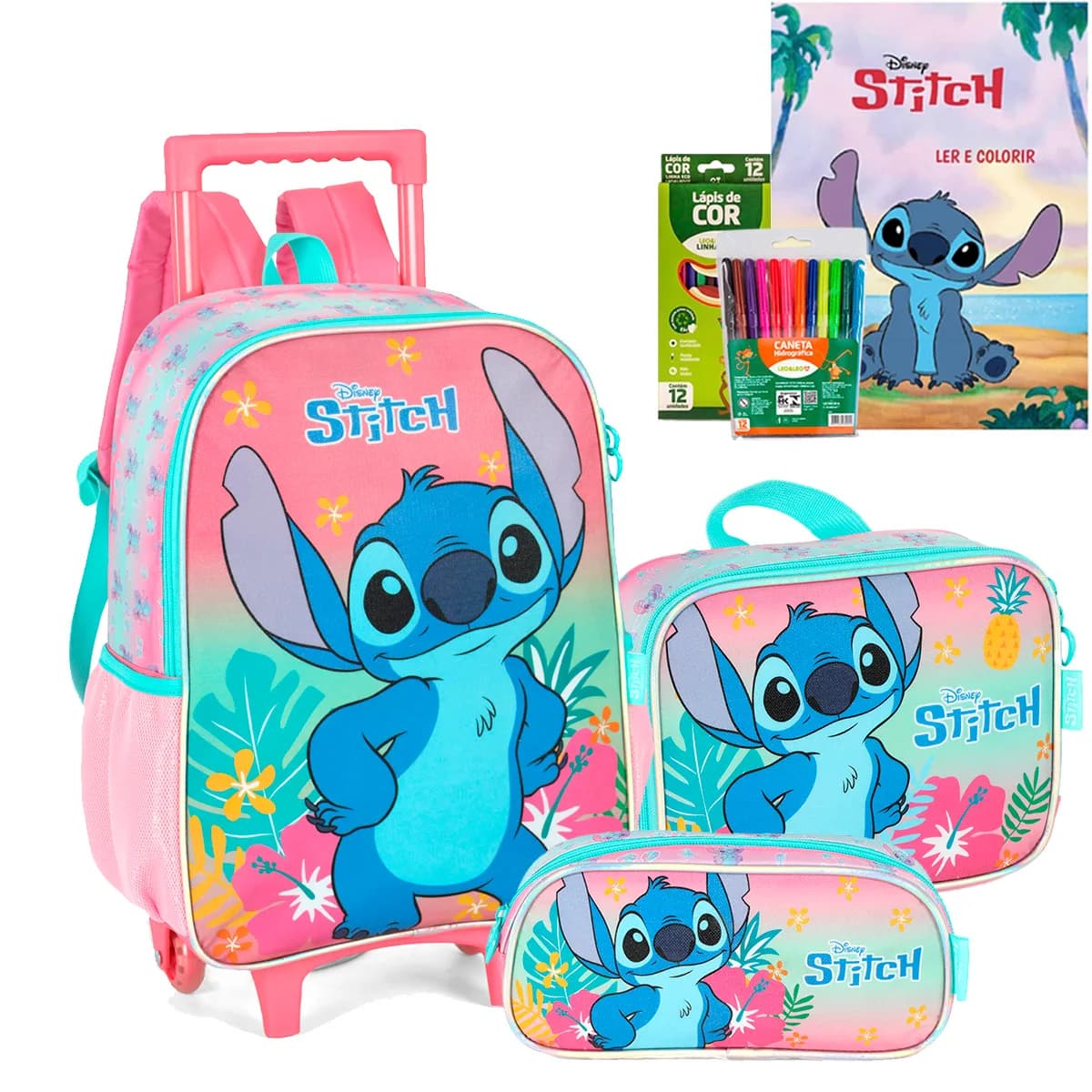 Kit Mochila Carrinho Stitch Lancheira Estojo Meninas Luxcel