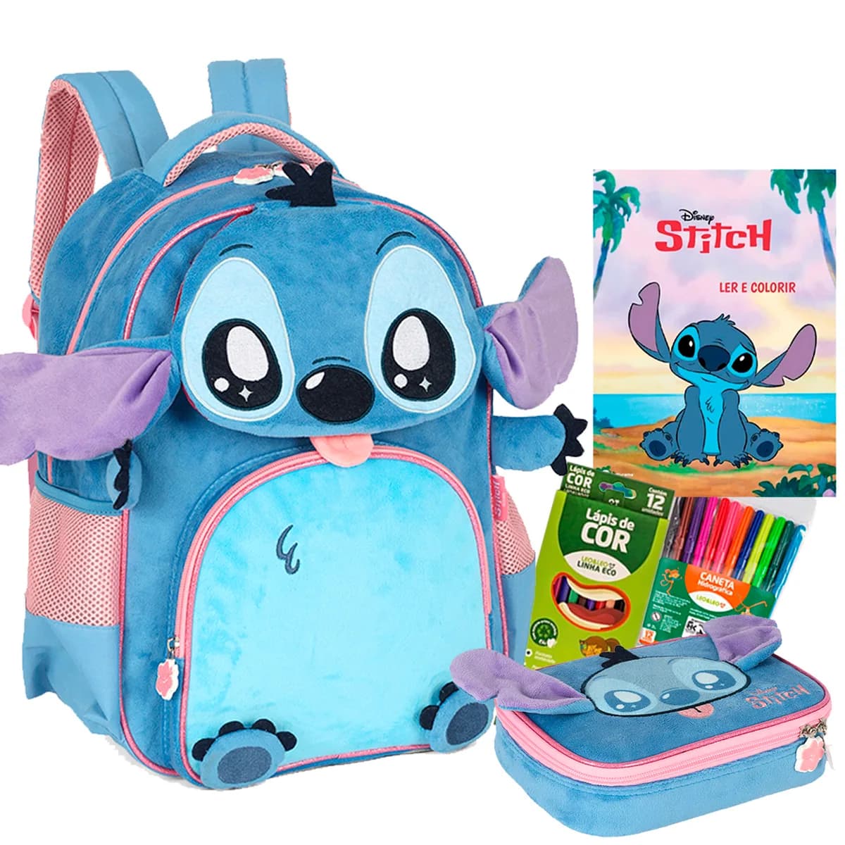 Kit Mochila Costas Stitch Angel Pelucia 3d Infantil Disney