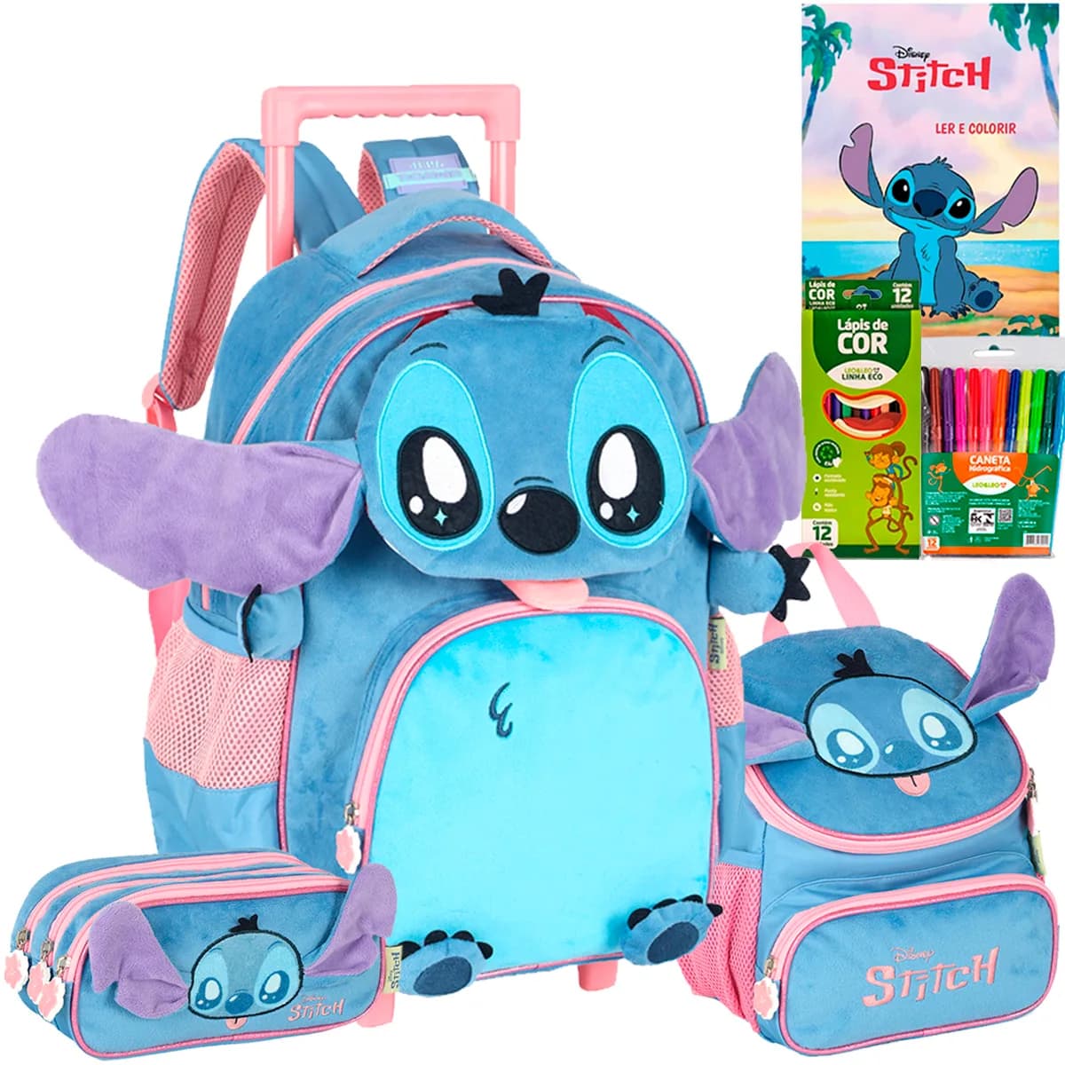Kit Mochila Carrinho Stitch Angel Pelucia 3d Infantil Disney