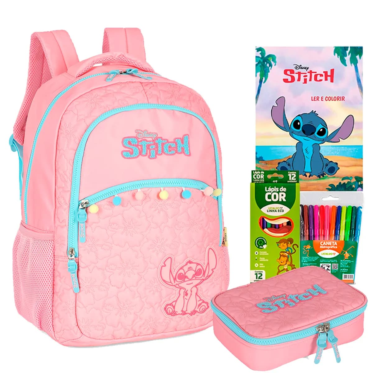 Kit Mochila Costas Stitch Estojo Menina Pompom Luxcel 2026