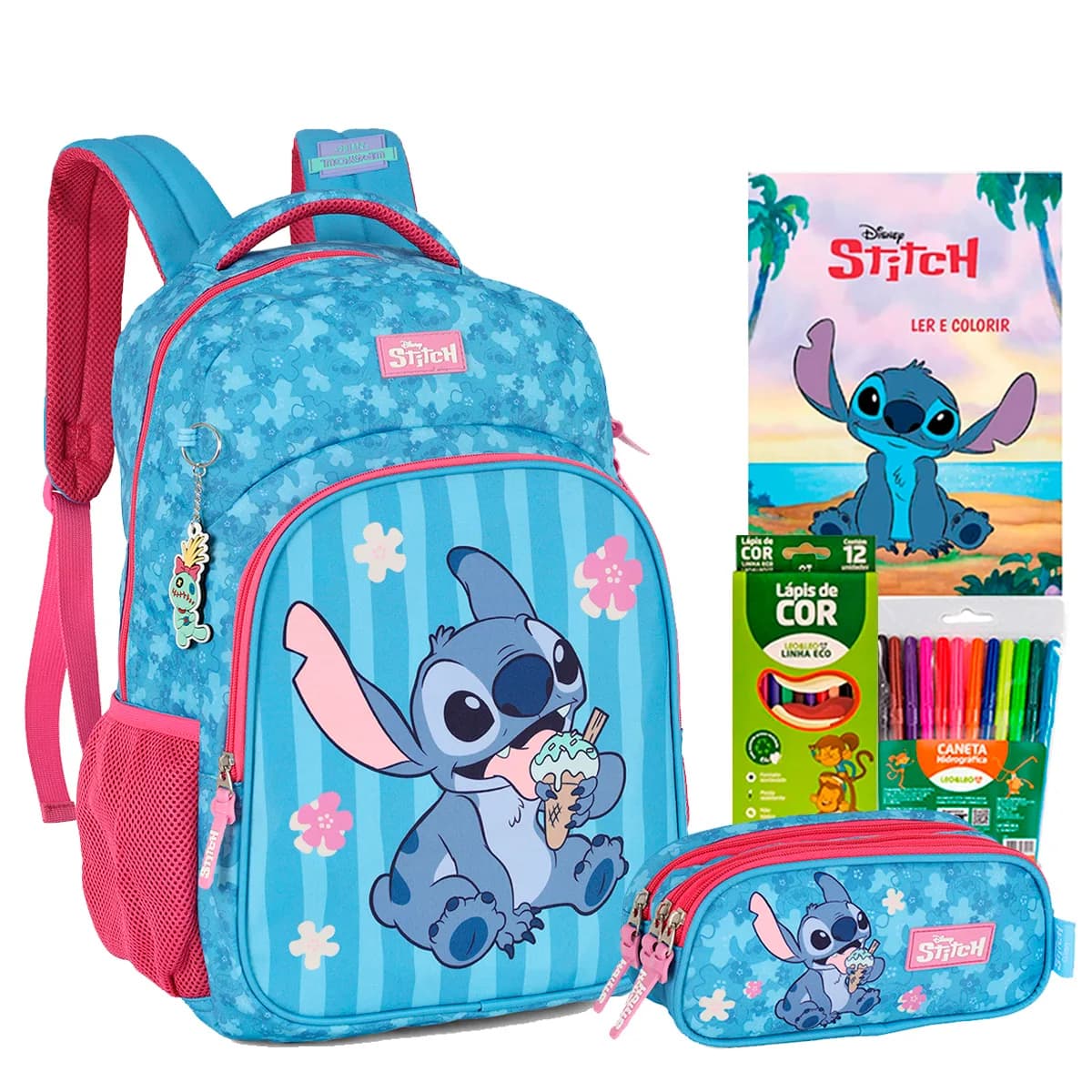 Kit Mochila Costas Stitch Angel Florido Juvenil Disney 2026