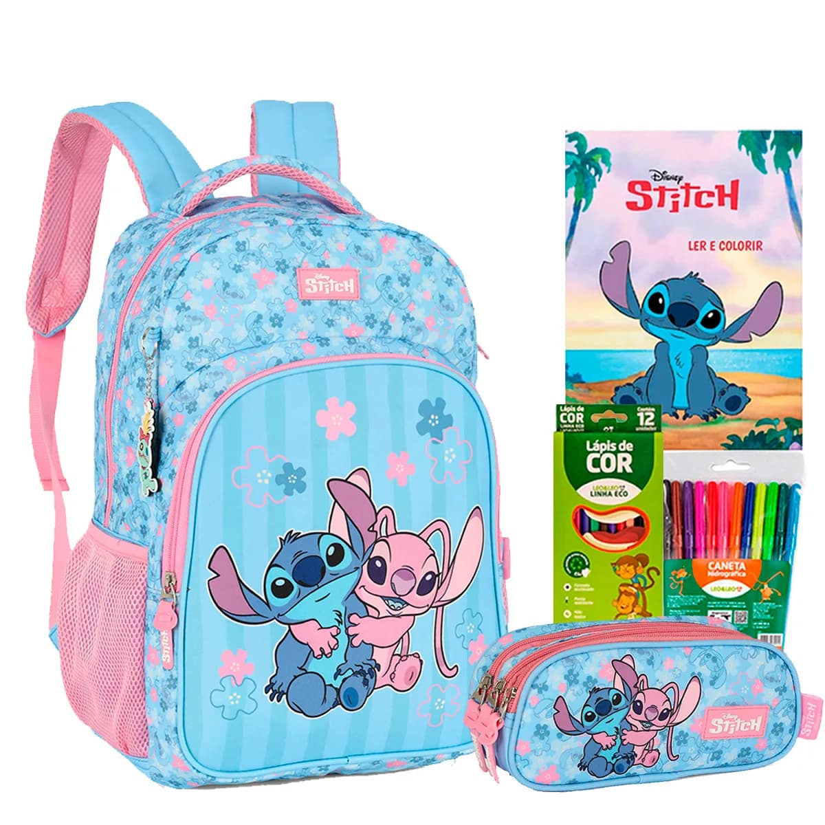 Kit Mochila Costas Stitch Angel Florido Juvenil Disney 2026