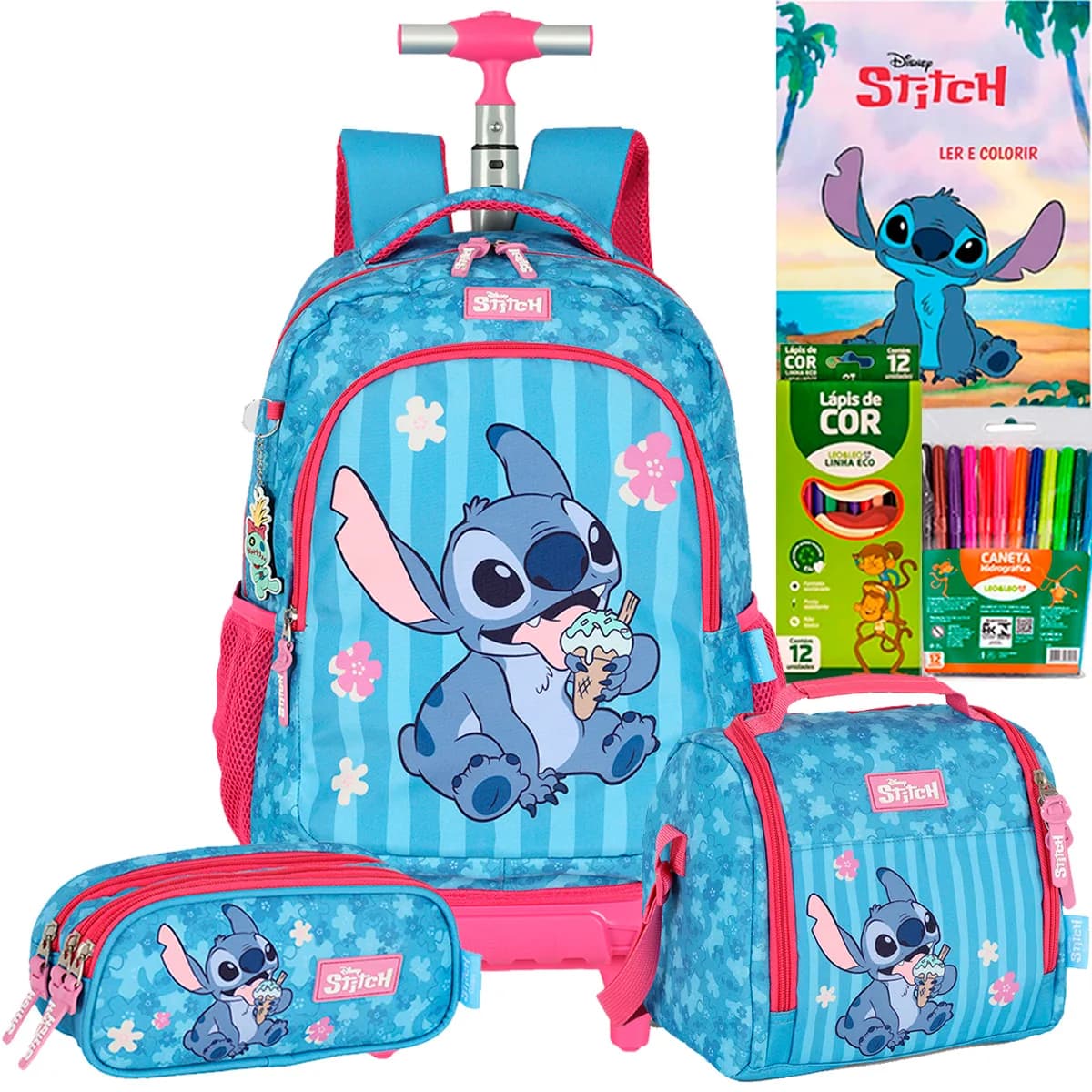 Kit Mochila Carrinho Stitch Lancheira Termica Estojo Triplo