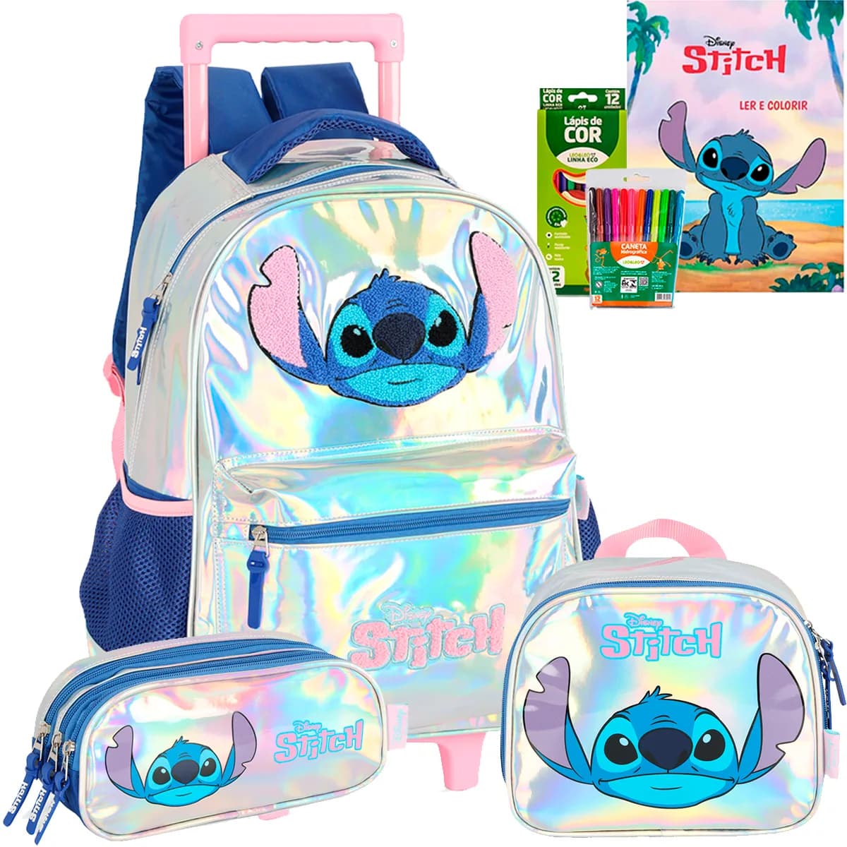 Kit Mochila Escolar Rodinha Stitch Metalizada Brilhosa Promo