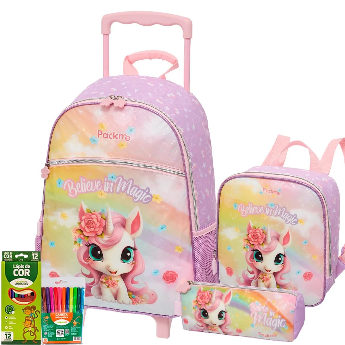 Kit Completo Mochila unicornio Escolar Infantil com Rodinhas