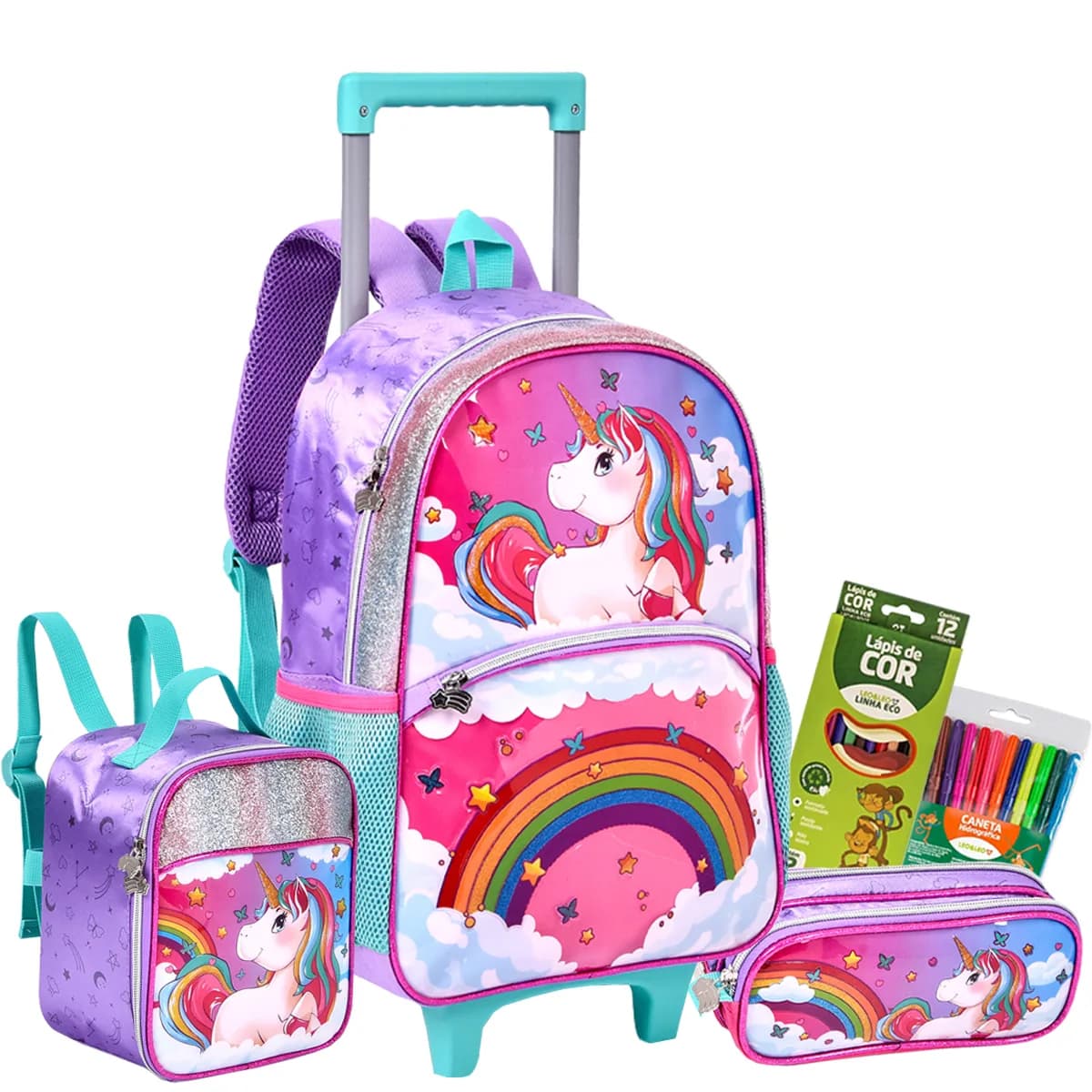 Kit Mochila Carrinho Unicornio + Lancheira Termica + Estojo