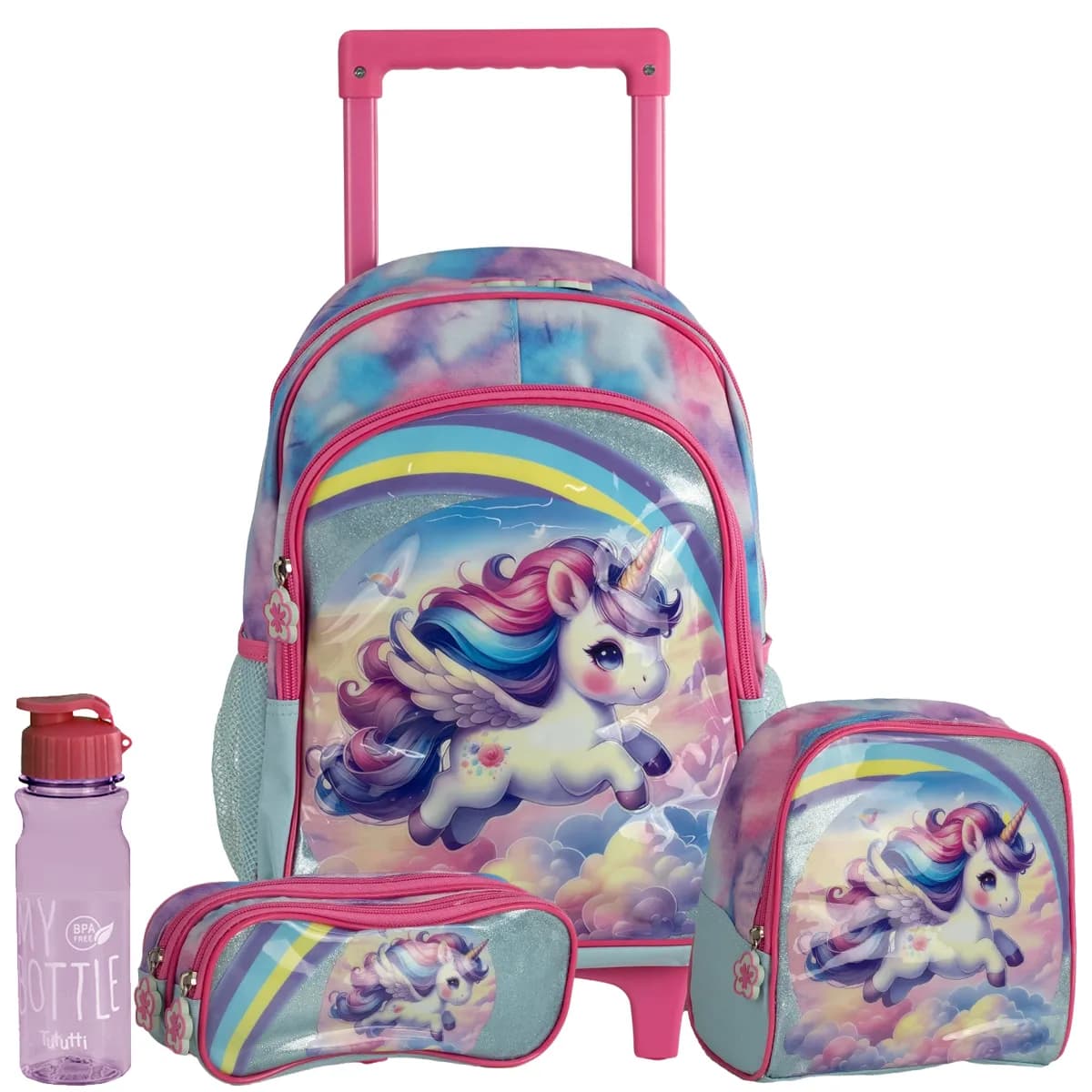 Kit Mochila Carrinho de Unicornio Lancheira Estojo e Garrafa