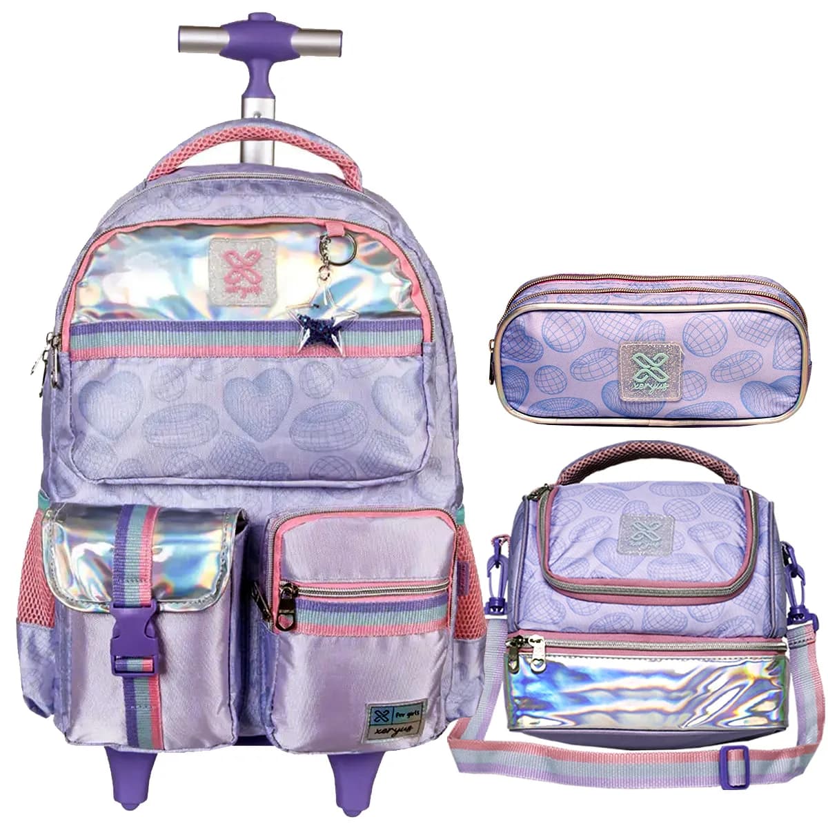 Kit Mochila Carrinho Utility Holográfico Lancheira Estojo