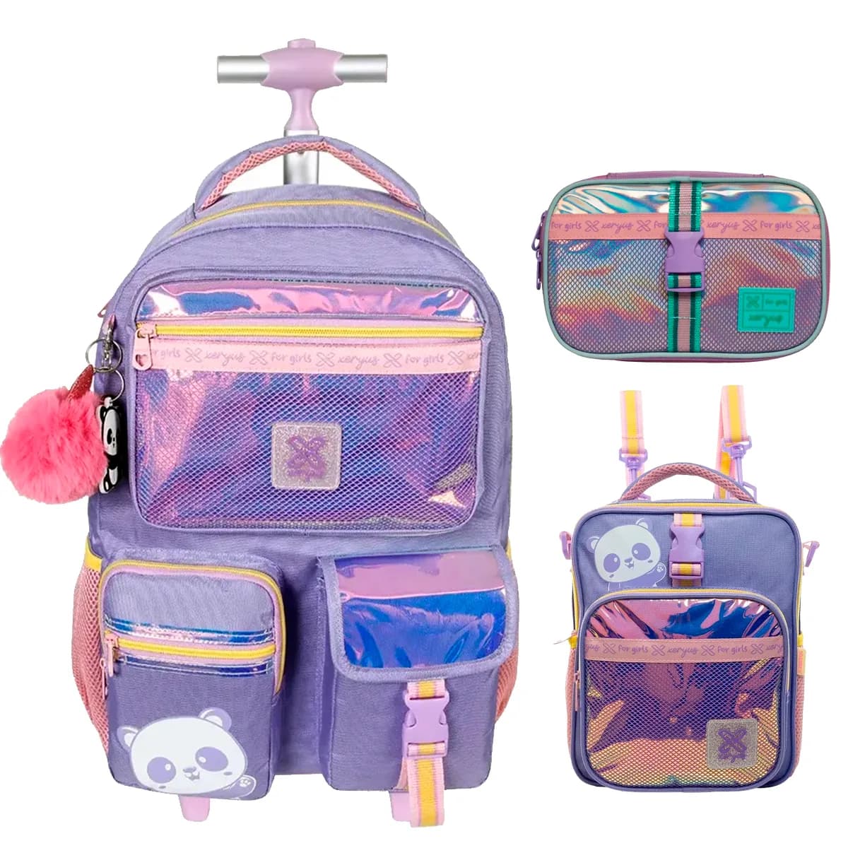 Kit Mochila Carrinho Utility Panda Lancheira Estojo